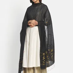 Fabindia Black & Gold-Toned Woven Design Cotton Silk Dupatta with Zari-43