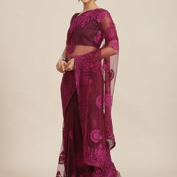 Kalista Burgundy Embroidered Floral Net Saree-image-33