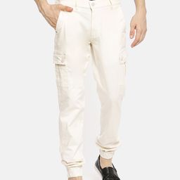 The Indian Garage Co Men Off-White Slim Fit Solid Cargo Joggers-image-65