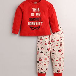 Eieio Unisex Kids Red & Peach-Coloured Printed Cotton Night suit-9