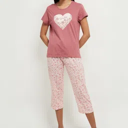 max Women Mauve & White Printed Pure Cotton Nightsuit-1