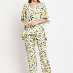 Pyjama Party Women White & Yellow Printed Night suit-image-7