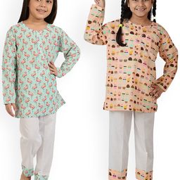 frangipani Girls Pack Of 2 Sea Green & Orange Printed Pure Cotton Night suit-image-29