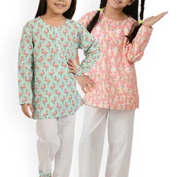 frangipani Girls Pack of 2 Green & Pink Printed Pure Cotton Night suit-image-108