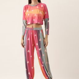 Bannos Swagger Women Pink & Sea Green Printed Night suit-image-19