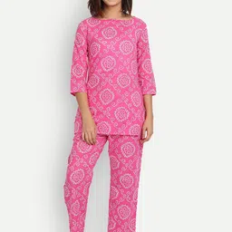 Haute and Humble Women Ethnic Motif Printed Pure Cotton Night Suit-image-14