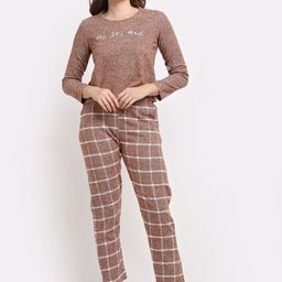 Kanvin Women Brown & White Printed Pure Cotton Night Suit-image-67