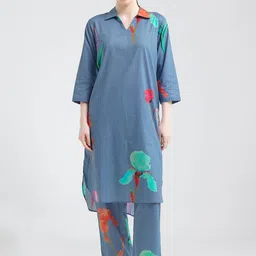 I like me Blue Printed Shirt Collar Three-Quarter Sleeves Pure Cotton Top And Pyjama-picture-19