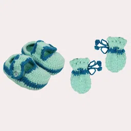 Superminis Infant Kids Green & Blue Hand Knitted Booties With Mittens-image-19