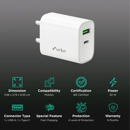 urbn 20W Type A & Type C 2-Port Fast Charger (Adapter Only, 4 Level of Protection, White) image 2