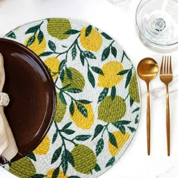 ANA Leaf Print Cotton Round Reversible Kitchen Placemats Heat Resistant Easily Washable Table Mats for Home Decor Set of 4 Pieces, 13x13 Inches - Yellow & Green-picture-23