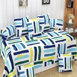 Homefab India 8 Pieces White & Blue Printed Diwan Set-image-70