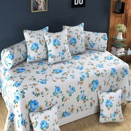 Homefab India 8 Pcs White & Blue Floral Printed Cotton Diwan Set-image-47