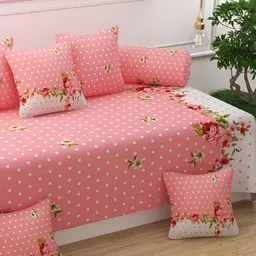 Bajo's Pink & White 8 Pieces Floral Printed Cotton Diwan Set-34
