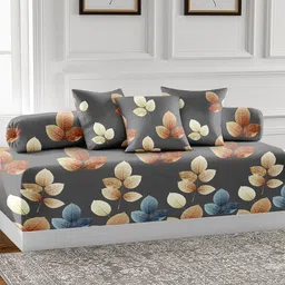 AEROHAVEN Grey & Brown 6 Pieces Floral Printed Cotton 210 TC Diwan Set-19