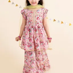 pspeaches Girls Pink Floral Printed Empire Gotta Patti Pure Cotton Kurti with Sharara With Dupatta-image-67