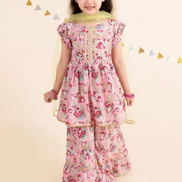 pspeaches Girls Pink Floral Printed Gotta Patti Pure Cotton Kurti with Palazzos With Dupatta-image-54