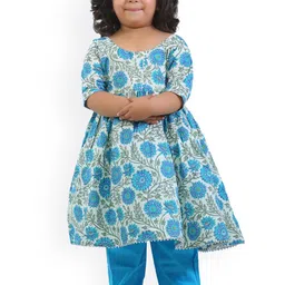 ahhaaaa Girls Blue Floral Printed Pleated Pure Cotton Kurta with Trousers-image-3