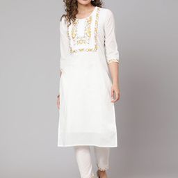 antaran Women White Floral Yoke Design Empire Pure Cotton Kurti with Trouser-image-58