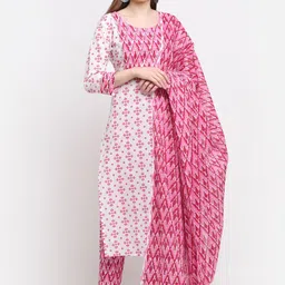 KALINI Women White & Pink Floral Printed Pure Cotton Kurta with Trousers & With Dupatta-41