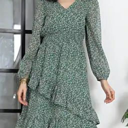 Shein Peasant Sleeves Floral Print Smocked Waist Layered Dress-image-2