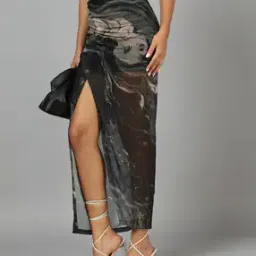 Shein High Waist Abstract Print Ruched Maxi Slit Skirt-image-89