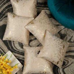 hosta homes Cream Velvet Geometric 16X16 Inches Cushion Covers (Pack of 5)-picture-30