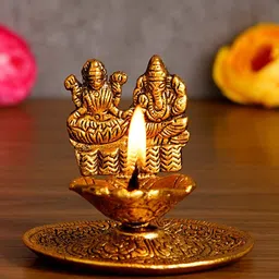 eCraftIndia Handcrafted Goddess Laxmi & Lord Ganesha Golden Metal Diya Showpiece-image-66