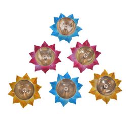 Fashion Bizz Pink & Blue 6 Pieces Lotus Shaped Traditional Brass Diyas-27