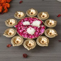 eCraftIndia Golden Iron Handcrafted Designer Urli with 10 Diyas-image-29