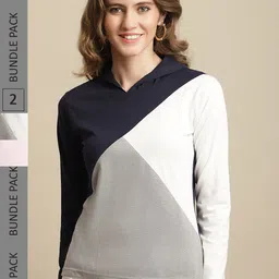 Fabflee Women Pack Of 2 Full Sleeves Cotton Colourblocked T-shirt-image-38