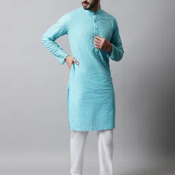 Jompers Men Turquoise Blue & White Self Design Kurta with Pyjamas-image-54