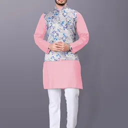 PulseIQ Band Collar Straight Kurta with Pyjamas With Nehru jacket-image-36