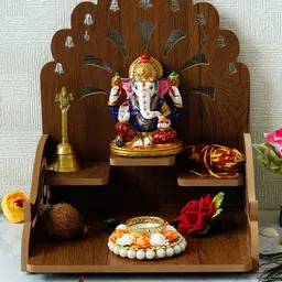 eCraftIndia Brown Om with Bells Design and 3 Shelfs Laminated Wood Pooja Temple-image-51