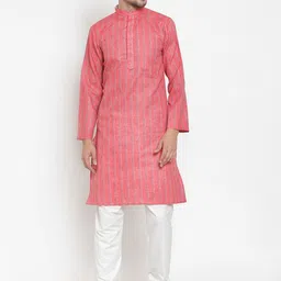 KLOTTHE Men Peach-Coloured & White Striped Regular Pure Cotton Kurta with Pyjamas-picture-12