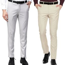 Pack of 2 Men Regular Fit Grey, Cream Cotton Blend Trousers-image-2