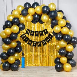 Solid Black & Gold Birthday Decoration Kit with Balloons, Banner, Curtain & Pump Set Balloon-image-32