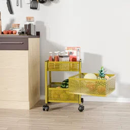 2+1 Layer Kitchen Metal Storage Rack with Wheels | Square Shape - Golden Iron Kitchen Trolley-image-11