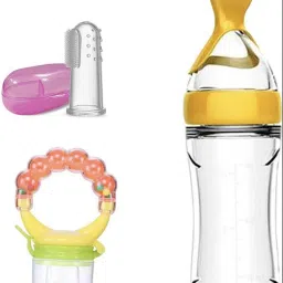 Feeding & Cleaning Combo Finger Brush, Yellow Rattle Fruit & Spoon Feeder - plastic, Silicon-image-9