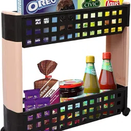 2 Layer | Black & Beige | SLIM Classic- Smart Storage Multi Layered Shelf Basket Rack Organizer – Multipurpose & Easy-To-Move Slide Out Shelf Rack Trolley EcoPlastic With Wheels for Kitchen | Bedroom | Bathroom | Home | Pantry | Washing & Utility Area Plastic Kitchen Trolley-image-2