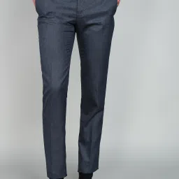 Men Slim Fit Dark Blue Polyester Trousers-image-44