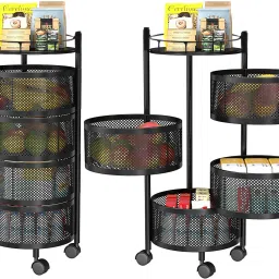 kuber industries 4-Layer Rotating Multipurpose Storage Rack Trolley with Wheels | Black Iron Fruit & Vegetable Basket image 2