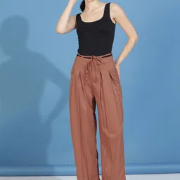 kotty Women Straight Fit Brown Cotton Blend Trousers-picture-15