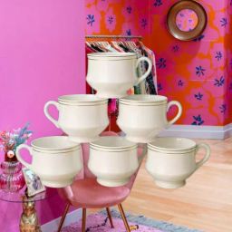 Pack of 6 Ceramic WHITE SILVER LINE CUP SET TEA CUP & COFFEE CUP-image-88