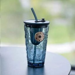 Reusable Glass Tumbler with Lid & Straw Drinking Glasses Travel Coffee Sipper Glass Tumbler-9