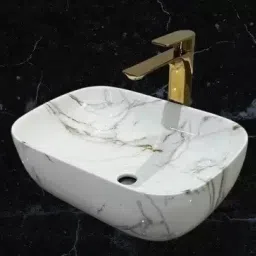 Art Wash Basin Counter Top, Tabletop Ceramic Bathroom Sink/ ( White Statuario ) Vessel Sink For Bathroom & Living Room (Dimension 45 x 32 x 15 CM) Table Top Basin-image-35