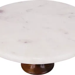 MARBLE CAKE STAND WITH WOODEN BASE FOR CAKE CUTTING, SNACKS SERVING PLATTER Marble, Wooden Cake Server-4
