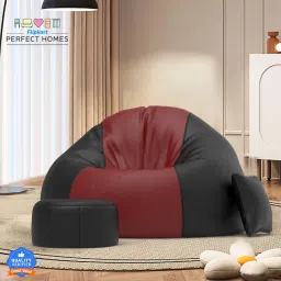 XXXL FluffCloud Sofa With Free Cushion and Puffy , Maroon::Black Teardrop Bean Bag With Bean Filling-72