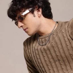 Men Self Design Round Neck Brown Sweater-image-90