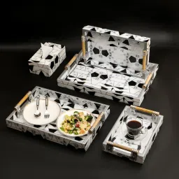 White Marble Print Enamel Multi-Purpose Tray Set Serving Tray Set for Kitchen Tray Serving Set-image-25